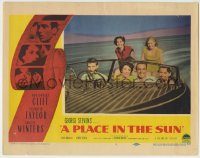 6c803 PLACE IN THE SUN LC #7 '51 Montgomery Clift, Elizabeth Taylor & others smiling in speedboat!