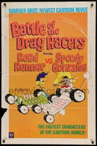 6f064 BATTLE OF THE DRAG RACERS 1sh '66 great art of Speedy Gonzales vs Road Runner in cars!
