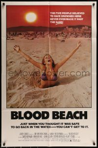 6f094 BLOOD BEACH 1sh '81 Jaws parody tagline, image of sexy girl in bikini sinking in sand!