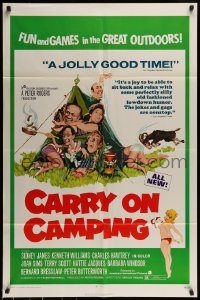 6f132 CARRY ON CAMPING 1sh '71 Sidney James, English nudist sex, wacky outdoors artwork!