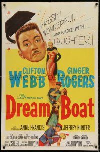 6f229 DREAM BOAT 1sh '52 sexy Ginger Rogers was professor Clifton Webb's co-star in silent movies!