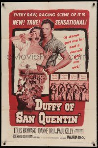 6f234 DUFFY OF SAN QUENTIN 1sh '54 Louis Hayward holds sexy nurse hostage, prison escape artwork!