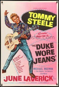 6f235 DUKE WORE JEANS English 1sh '58 great full-length art of Tommy Steel playing guitar!