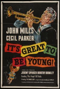 6f429 IT'S GREAT TO BE YOUNG English 1sh '56 cool art of music teacher John Mills playing trumpet!