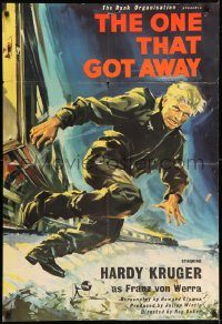 6f612 ONE THAT GOT AWAY English 1sh '58 cool artwork of Hardy Kruger jumping from a train!