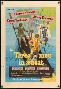6f868 THREE MEN IN A BOAT English 1sh '56 wacky art of Laurence Harvey & co-stars on gondola!