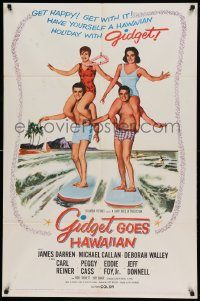 6f330 GIDGET GOES HAWAIIAN 1sh '61 best image of two guys surfing with girls on their shoulders!