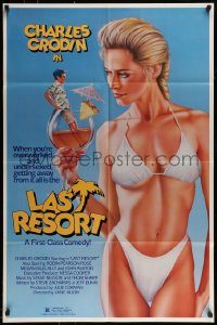 6f468 LAST RESORT 1sh '86 wacky sexy art of woman in bikini holding Charles Grodin in glass!