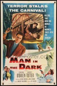 6f518 MAN IN THE DARK 2D 1sh '53 really cool art of men fighting on rollercoaster!