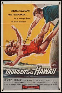 6f574 NAKED PARADISE 1sh R60 art of sexy Beverly Garland caught by hook, Thunder Over Hawaii!