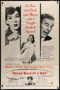 6f579 NEVER WAVE AT A WAC military 1sh R60s Paul Douglas, sexy Rosalind Russell & Marie Wilson!