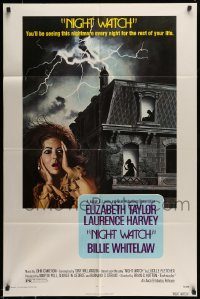 6f590 NIGHT WATCH 1sh '73 Laurence Harvey, Billie Whitelaw, art of scared Elizabeth Taylor!
