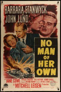 6f593 NO MAN OF HER OWN 1sh '50 Barbara Stanwyck, cool artwork of exploding train!