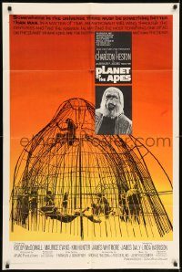 6f645 PLANET OF THE APES 1sh '68 Charlton Heston, classic sci-fi, cool art of caged humans!