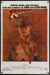 6f672 RAIDERS OF THE LOST ARK 1sh '81 great art of adventurer Harrison Ford by Richard Amsel!