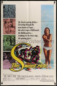 6f821 SWEET RIDE 1sh '68 1st Jacqueline Bisset standing topless in bikini, cool surfing art!