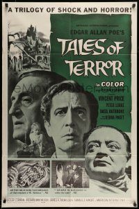 6f828 TALES OF TERROR 1sh '62 great close images of Peter Lorre, Vincent Price & Basil Rathbone!