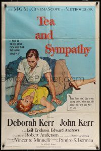 6f835 TEA & SYMPATHY 1sh '56 great artwork of Deborah Kerr & John Kerr by Gale, classic tagline!