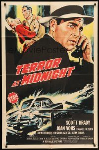 6f847 TERROR AT MIDNIGHT 1sh '56 Scott Brady, Joan Vohs, film noir, cool car crash art!