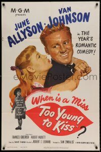 6f884 TOO YOUNG TO KISS 1sh '51 great romantic close up of Van Johnson & June Allyson!
