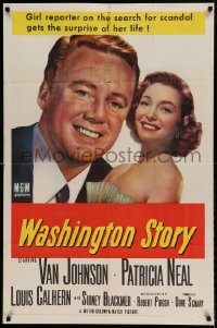 6f948 WASHINGTON STORY 1sh '52 great close up image of Van Johnson & Patricia Neal!