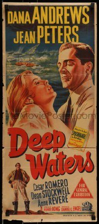 6g822 DEEP WATERS Aust daybill '48 artwork of Dana Andrews holding sexy Jean Peters!
