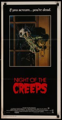 6g916 NIGHT OF THE CREEPS Aust daybill '86 cool monster hand artwork, if you scream you're dead!