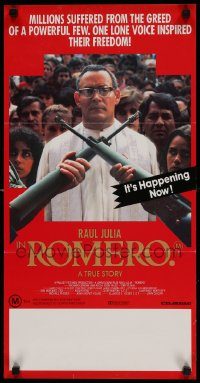 6g946 ROMERO Aust daybill '89 Archbishop Raul Julia faces guns in El Salvador!!