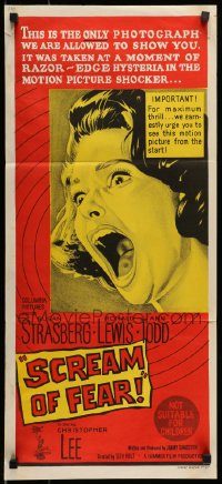 6g950 SCREAM OF FEAR Aust daybill '61 Hammer, wild terrified Susan Strasberg horror image!