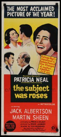 6g971 SUBJECT WAS ROSES Aust daybill '68 Martin Sheen, Patricia Neal, a story of three strangers!