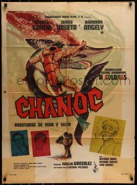 6g386 CHANOC Mexican poster '67 Rogelio A. Gonzalez adventure, cool art of underwater shark fight!