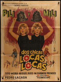 6g399 DOS CHICAS LOCAS LOCAS Mexican poster '65 Pilar Bayona as Pili & Emilia Bayona as Mili!