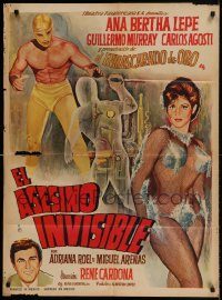 6g402 EL ASESINO INVISIBLE Mexican poster '65 art of wrestler & invisible monster + sexy babe!