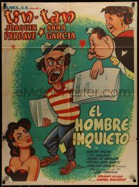 6g416 EL HOMBRE INQUIETO Mexican poster '53 great art of German Valdes as Tin-Tan the newsboy!