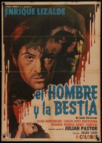 6g417 EL HOMBRE Y LA BESTIA Mexican poster '73 Enrique Lizalde, cool bloody horror art!