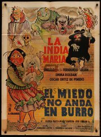 6g421 EL MIEDO NO ANDA EN BURRO Mexican poster '76 artwork of girl & lots of creepy monsters!