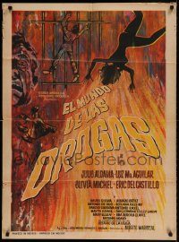 6g423 EL MUNDO DE LAS DROGAS Mexican poster '64 great fiery artwork of drug & jail hell!