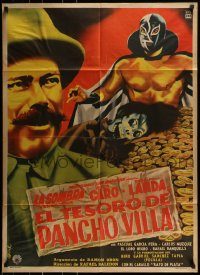 6g433 EL TESORO DE PANCHO VILLA Mexican poster 1954  art of masked wrestler & pile of gold by Diaz!