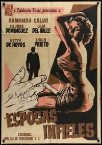 6g437 ESPOSAS INFIELES export Mexican poster '56 silkscreen art of sexy woman & smoking hand!
