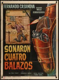 6g441 FOUR BULLETS FOR JOE Mexican poster '64 cool art of cowboy getting shot, close-up holster!