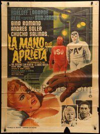 6g468 LA MANO QUE APRIETA Mexican poster '66 cool lucha libre masked wrestling artwork!