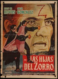 6g487 LAS HIJAS DEL ZORRO Mexican poster '64 art of female Zorros and man w/carved forehead!