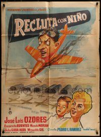 6g522 RECLUTA CON NINO Mexican poster '63 really cool art of guy diving in airplane over airport!
