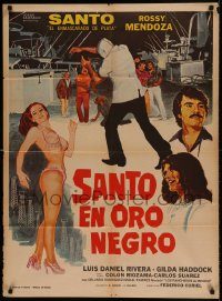 6g527 SANTO EN ORO NEGRO Mexican poster '75 art of masked wrestler + sexy near-naked dancer!
