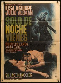 6g531 SOLO DE NOCHE VIENES Mexican poster '66 couple making out in front of Jesus carrying cross!