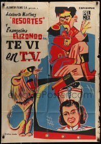 6g535 TE VI EN TV export Mexican poster '58 artwork of guy on television scared of wacky lion!