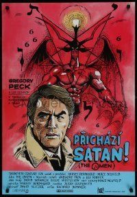 6j292 OMEN Czech 23x33 '76 cool comic style art of Gregory Peck & demon by Saudek!