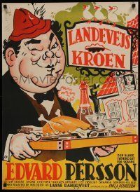 6j185 KALLE PA SPANGEN Danish '40 artwork of man with lots of food by Aage Lundvald!