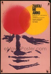 6j850 CRACK-UP Polish 23x33 '67 Piwonski abstract art of man w/red & yellow suns!