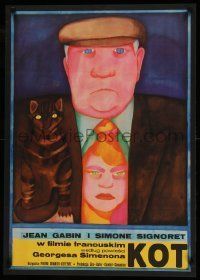 6j882 LE CHAT Polish 23x32 '73 Simone Signoret, Mucha Ihnatowicz art of Jean Gabin & cat!